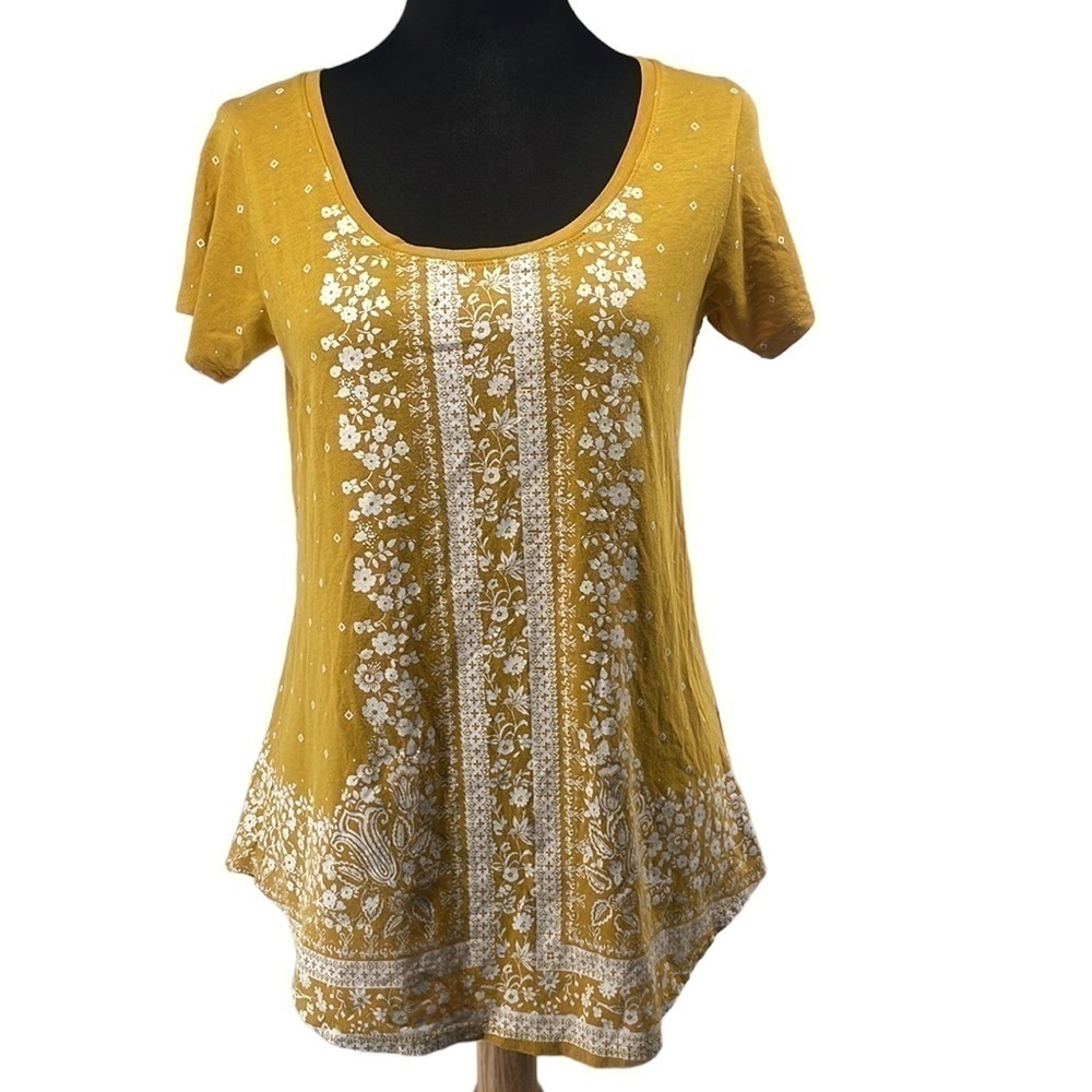 Lucky Brand t shirt shirt sleeve top spring vibes yellow floral paisley sz sm
